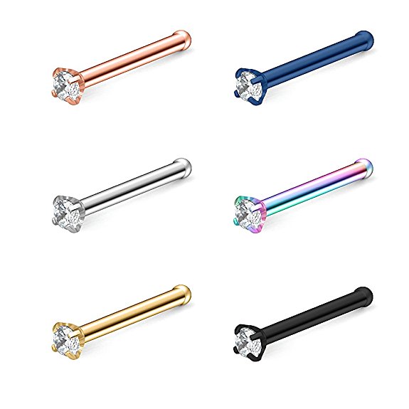 Ruifan 20G 1.5mm Clear Round Diamond CZ Nose Bone Studs Rings Pin Piercing Jewelry 1-6PCS