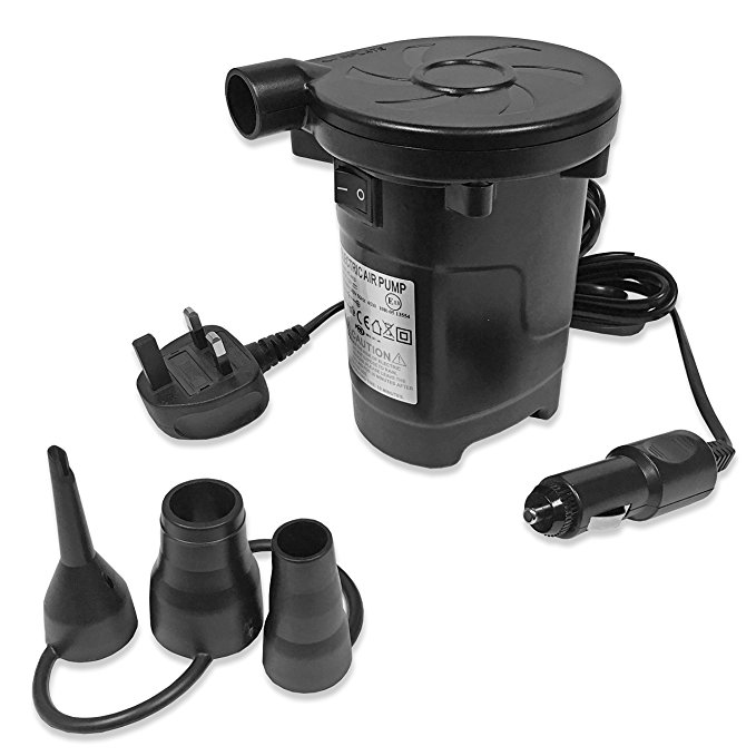 Dual Powered Mini Electric Air Pump For Air Beds Camping Lilo's and Inflatables 240v 3 pin Mains AND 12v car cigarette lighter plug. Highly versatile Fast Airbed & toy Inflator