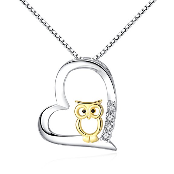 Mother's Day Gift, S925 Sterling Silver Women Necklace Love Heart with Gold Owl Pendant Necklaces for Mom Jewelry Necklaces