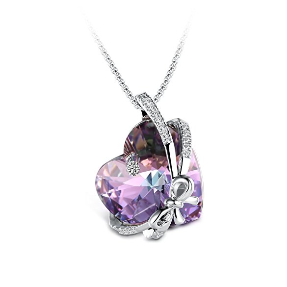 T400 Jewelers "Bowtie Knot" Swarovski Elements Crystal Heart Pendant Necklace, Purple Love Gift