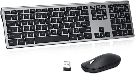 Wireless Keyboard and Mouse Rechargeable, Ergonomic Ultra Thin Full Size 109Keys Keyboard and Adjustable DPI Quiet Mouse Combo with 2.4GHz USB Receiver for Windows, Mac OS, PC, Laptop (Grey)