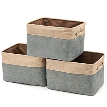 EZOWare Collapsible Storage Bin Basket [3-Pack] Foldable Canvas Fabric Tweed Storage Cube Bin Set With Handles - Brown/Gray For Home Office Closet