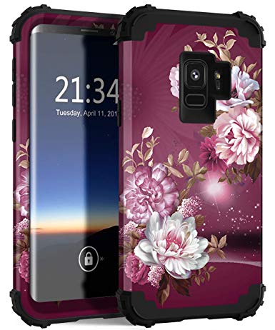 Galaxy S9 Case, SM-G960 Case, Hocase Heavy Duty Shockproof Protection Hard Plastic Soft Silicone Rubber Hybrid Dual Layer Protective Phone Case for Samsung Galaxy S9 2018 - Burgundy Flowers