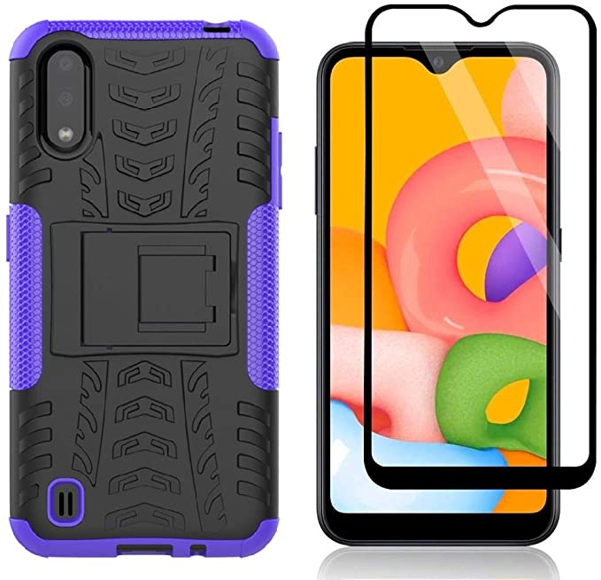 Yiakeng Samsung Galaxy A01 Case with Tempered Glass Screen Protector, Shockproof Silicone Protective with Kickstand Hard Phone Cover for Samsung Galaxy A01 (Purple)