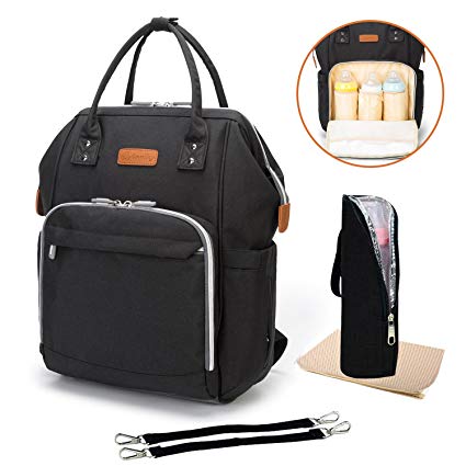 Diaper Bag Multi-Function Travel Backpack Nappy Bags, Nappy Tote Bag/Stroller Straps for Baby Care, Large Capacity, Stylish and Durable, Newborn Gifts 300D Linen gray (Black Backpack)