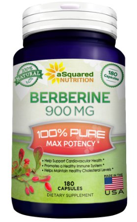 Pure Berberine 900mg Supplement - 180 Capsules, Natural Berberine Hydrochloride HCL Complex Plus, Max Strength Almost 1000mg 2x 500mg, Vegetarian Extract for Healthy Blood Sugar Levels & Blood Glucose
