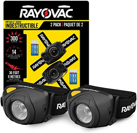 Rayovac 2-Pack Virtually Indestructible LED Headlamp Flashlight, Use For Camping Accessories, Hurricane Supplies, Survival Kit, 300 Lumens, Batteries Included