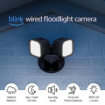 Blink Wired Floodlight Camera – Smart security camera, 2600 lumens, HD live view, enhanced motion detection, built-in siren, Works with Alexa – 1 camera (Black)