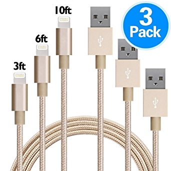 TenTenCo iPhone Charger 3Pack 3FT/6FT/10FT(1M/2M/3M) Nylon Braided 8 pin Charging Cables USB Charger Cord, Compatible with iPhone 7/7 Plus/6s/6s Plus/6/6 Plus/5/5S/5C/SE/iPad and iPod (Gold)