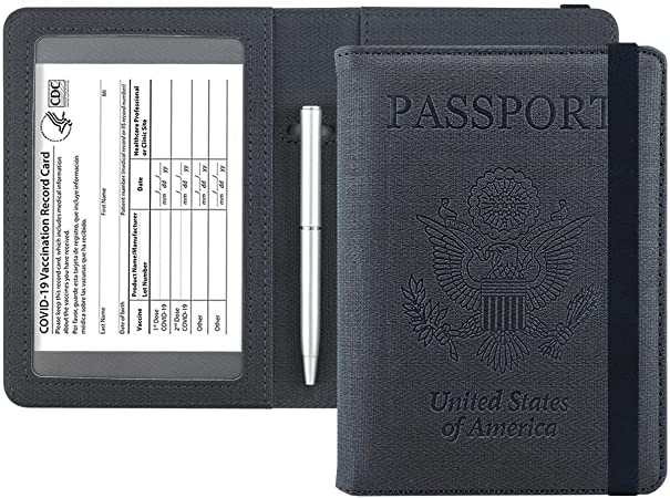 Passport and Vaccine Card Holder Combo - HOTCOOL Leather RFID Blocking Wallet with Elastic Strap Travel Cover Case for Passport, with USA CDC Vaccination Card Slot, with Pen, Denim Seal Black