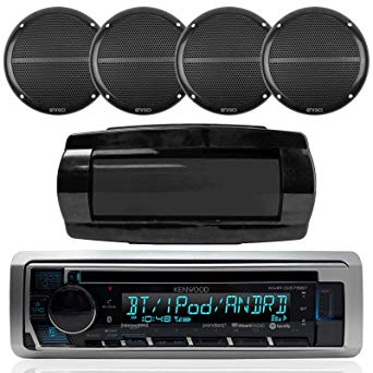 Kenwood Single DIN Bluetooth in-Dash CD/AM/FM/Digital Media Marine Stereo Receiver, 4X Enrock Marine Black Dual 6.5" Full Range 250W Speakers, Seaworthy Radio Cover