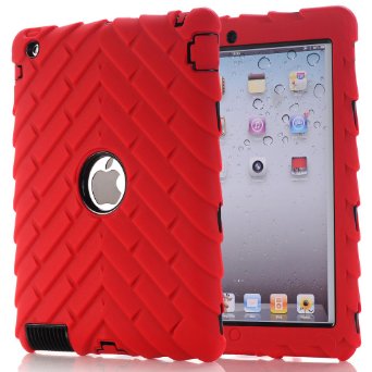 HOcase iPad Case - Hybrid of Dual Layer Solid PC and Soft Silicone Ruggedized Shockproof Protective Case with Tough Tire Design for iPad 2, iPad 3 and iPad 4 (Red Black)