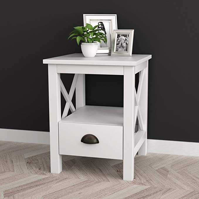 White Finish X-Design Nightstand Side End Table with Drawer and Shelf