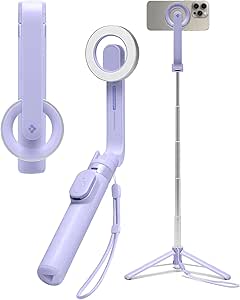 Spigen Wondersnap MagFit Selfie Stick Tripod, [18N Strong Magnetic Force] [Compact & Lightweight] Phone Tripod Stand for iPhone 15 14 13 Pro Max Plus, Samsung, Google Metal Ring Included - Lavender