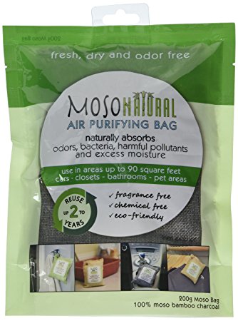 Moso Natural Air Purifying Bag. Odor Eliminator for Cars, Closets, Bathrooms and Pet Areas. Charcoal Color, 200-G