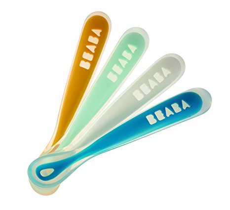 BEABA First Stage Baby Feeding Spoon Set, THE ORIGINAL Soft Tip Silicone Spoons for Babies, Gum Friendly BPA Lead Phthalate and Plastic Free, Great Gift Set (4 Pack), Peacock