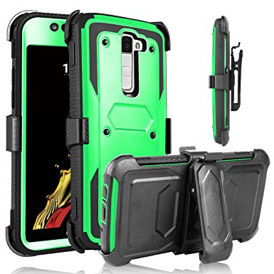 LG K10 Case, LG Premier LTE Case, Heng Tech (TM) Heavy Duty Shockproof Durable Full Body Protection Rigged Hybrid Case with belt clip holster & Kickstand for LG K10 (Green)