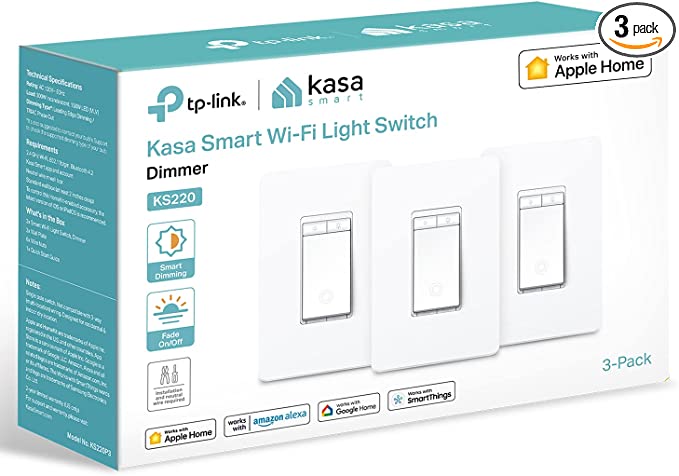 Kasa Apple HomeKit Smart Dimmer Switch KS220P3, Single Pole, Neutral Wire Required, 2.4GHz Wi-Fi Light Switch Works with Siri, Alexa and Google Home, UL Certified, No Hub Required, White, 3-Pack