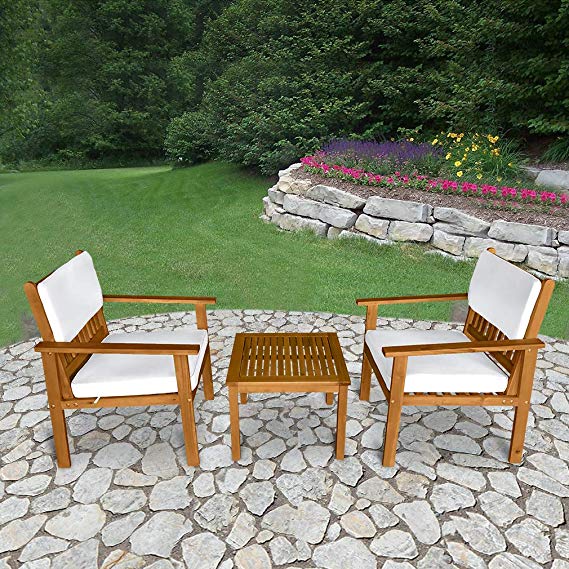 FDW 3-Piece Acacia Wood Patio Bistro Set Outdoor Chat Conversation Table Chair Set with Water Resistant Cushions and Coffee Table Chairs for Beach Backyard Balcony Garden, Natural