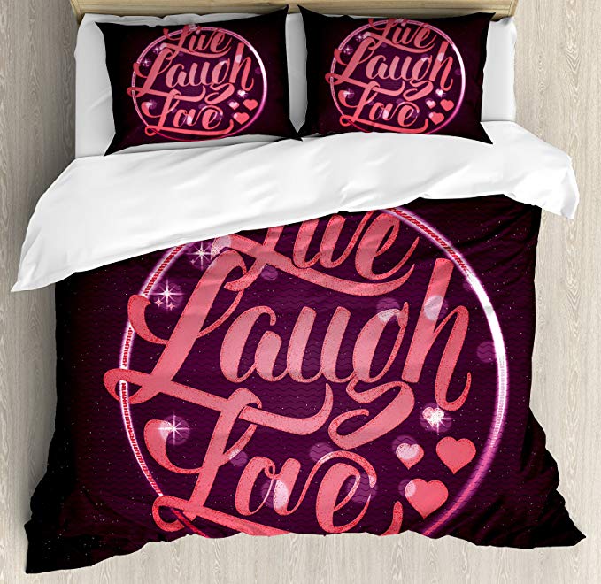 Ambesonne Live Laugh Love Duvet Cover Set King Size, Hearts and Bokeh Background with Positive Drive Boosting Quote, Decorative 3 Piece Bedding Set with 2 Pillow Shams, Salmon Dark Purple Red