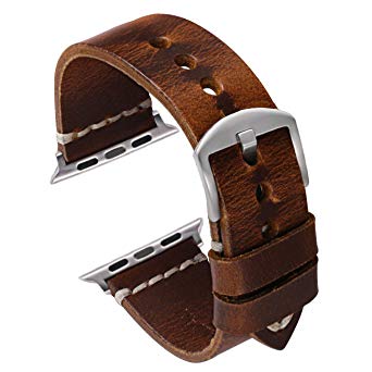 Carty Oil Wax Leather Strap Compatible with Apple Watch Band 42mm Series 3 2 1, Nike ,Sport, Edition,Dark Brown with Silver Adapters