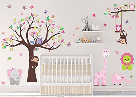 DEKOSH Kids Pink Jungle Theme Peel & Stick Girl Nursery Wall Decal, Colorful Owl Giraffe Lion Tree Decorative Sticker for Baby Bedroom, Playroom Mural