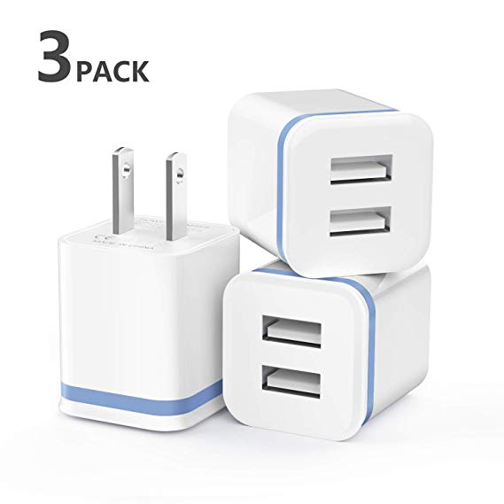 USB Wall Charger, LUOATIP 3-Pack 2.1A/5V Dual Port USB Cube Power Adapter Charger Plug Charging Block Replacement for iPhone Xs/XR/X, 8/7/6 Plus, Samsung, LG, HTC, Moto, Android Phones