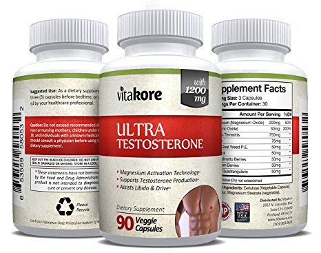 Vitakore Ultra Testosterone Supplement for Men (90 Capsules) Low T Booster w/ Magnesium | Promotes Hormone Balance, Boosts Stamina, Fortifies Libido
