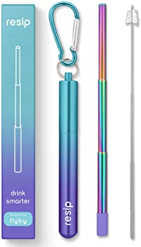 Flyby Portable Reusable Drinking Straws | Collapsible & Foldable Telescopic Stainless Steel Metal Straw Dispenser | Final Aluminum Case, Long Cleaning Brush, Silicone Tip | Purple & Teal | 1-Pack
