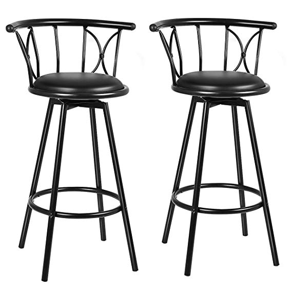 COSTWAY Bar Stools, Modern and Classic Rotatable Counter Pub PVC Leather Chairs, Round Padded Seat with Footrest & Back, Bar Pub Dining Room Kitchen Home Furniture (Black, Set of 2)