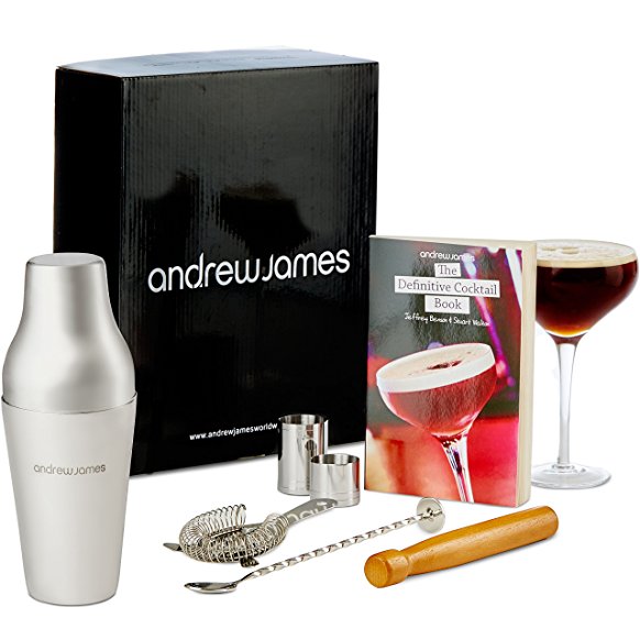 Andrew James Parisian Cocktail Shaker Gift Set, Stainless Steel, Includes Gift Box and Recipe Book Plus 500ml Shaker Lid, Two Measures, Muddler and Strainer