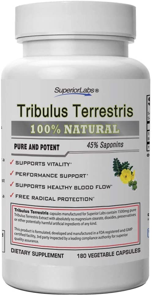 Superior Labs - Tribulus Terrestris - Testosterone Booster Cortisol Blocker with 45% Steroidal Saponins, 1500mg Dosage, 180 Vegetable Caps - Supports Vitality and Performance - with Added BioPerine®