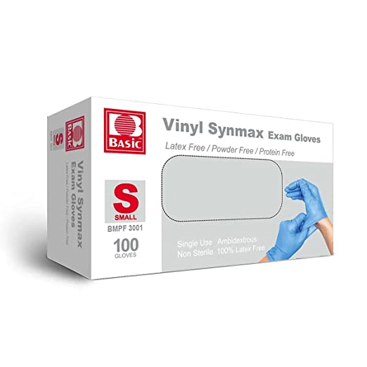 Basic Synmax Vinyl Exam Gloves, 4 Mil – Disposable - Latex-Free & Powder-Free - Small (Box of 100) Blue, (BMPF3001)