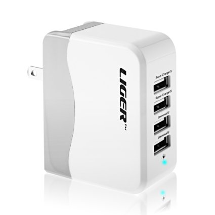 UL Certified Wall Charger Liger 34W 68A 4-Port USB Wall Charger with Folding Plug Portable Charger For iPhone 6 Plus to 4 iPad MiniiPad Air Samsung Galaxy S5 S4 S3 Galaxy Tab USB Compatible