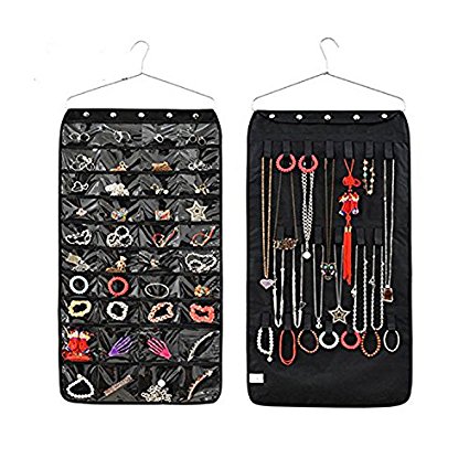 Closet Hanging Jewelry Organizer Bag Holder Pockets 40 Pockets 21 Hook-and-Loop (Black)