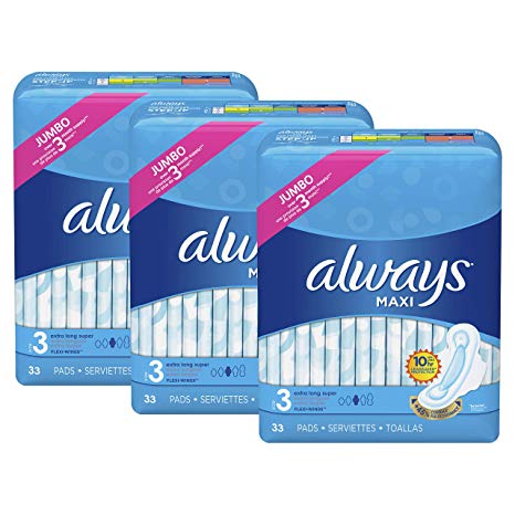 Always Maxi Feminine Pads with Wings for Women, Size 3, Extra Long Super Absorbency, Unscented, 33 Count - Pack of 3 (99 Count Total)