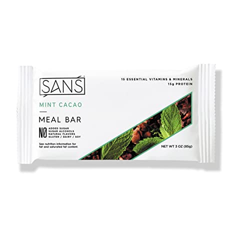 SANS Mint Cacao Meal Replacement Protein Bar | All-Natural Nutrition Bar With No Added Sugar | Dairy-Free, Soy-Free, and Gluten-Free | 17 Essential Vitamins and Minerals | (12 Pack)