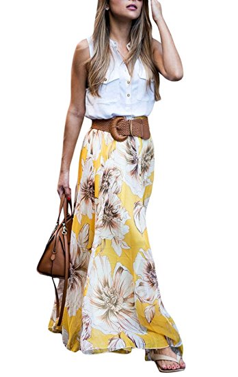 Annflat Women's Boho Floral Print High Waist Pleated Chiffon Long Maxi Skirt