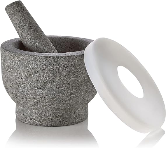 Granite Pill Crusher Set - Easy Grip Non-Slip Stone Muddler & Deep Bowl with Silicone Lid - Mortar and Pestle Grinder for Pills, Tablets, Vitamins and More