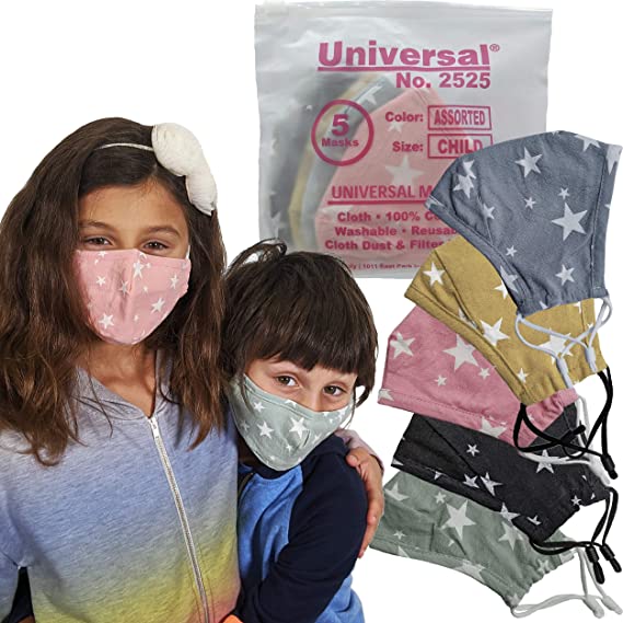 Universal 2525 Cloth Face Masks for Kids – 5 Color Assortment – Washable & Reusable Facemask for Nose & Mouth – 100% Cotton, 2 Layer Protection from Dust, Pollen, Pet Dander & Other Irritants