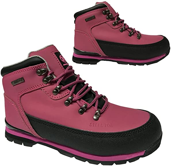 Ladies Safety Boots Steel Toe CAPS Ankle Trainers Hiking Shoes Fuchsia 3-9 Work