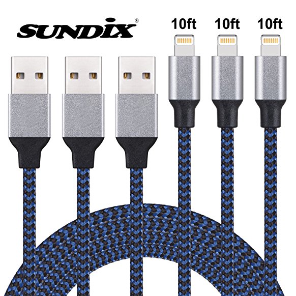 iPhone Charger Sundix Lightning Cable 3Pack 10FT Extra Long Nylon Braided Charging Cord for iPhone X 8 Plus 8 7 Plus 7 6 6S 6 Plus 5S SE iPod iPad Mini Air Pro--Blue