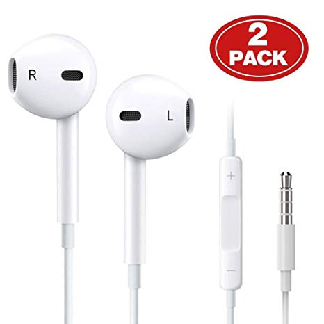 [2 Pack] Headphones with Microphone in-Ear Earbuds Noise Isolation Headsets Heavy Bass Earphones Compatible Phone Pod Pad Samsung Galaxy S9 Huawei and Android Phones - White