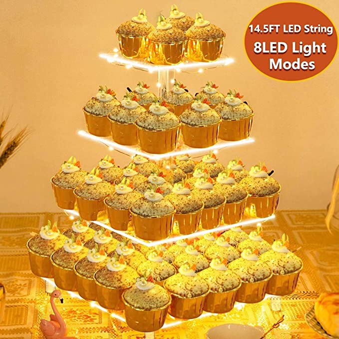 OurWarm 4 Tier Cupcake Stand Acrylic Cupcake Tower, Square Cupcake Holder Display with LED Light Dessert Tower Pastry Stand for Wedding Birthday Party Decor