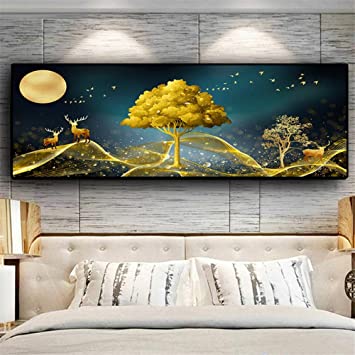 DIY 5D Diamond Painting Kits for Adults/Kids Large Full Drill Gold Tree Deer Diamond Embroidery Dotz Cross Stitch Rhinestone Mosaic Diamond Art Craft for Home Wall Decoration (40x100cm/16x40in)