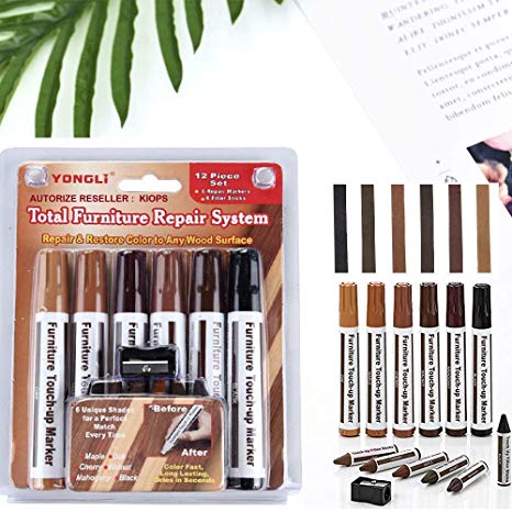 Wood Furniture Repair Kit Set | Laminate Scratch Repair Kit Perfect for Any Wood Shade Furnitures | 12Pcs Wood Markers and Crayons with Sharpener | Easy Colour Matching | Long Lasting Effect