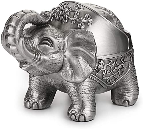 Hipiwe Elephant Windproof Ashtray with Lid, Desktop Metal Cigarette Ashtray Holder for Indoor or Outdoor Use, Unique Tobacco Ash Tray for Patio/Outside/Office/Home Decor,Silver