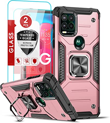 LeYi Case for Moto G Stylus 5G Case, Motorola G Stylus 5G Case with [2X Glass Screen Protector] for Women, Shockproof [Military-Grade] Hard Phone Case with Ring Kickstand for Moto G Stylus 5G, Pink