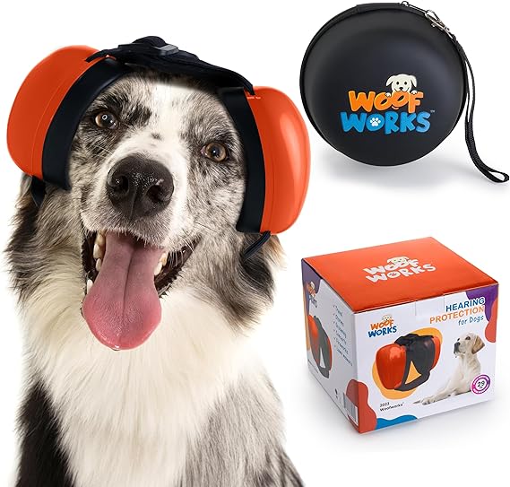 Woof Works Dog Ear Muffs for Noise Protection, Noise Cancelling Headphones for Dogs, 29dB Dog Earmuffs, Dog Ear Plugs for Hearing Protection from Fireworks, Vacuums, Thunder. Reduce Anxiety (L, Red)