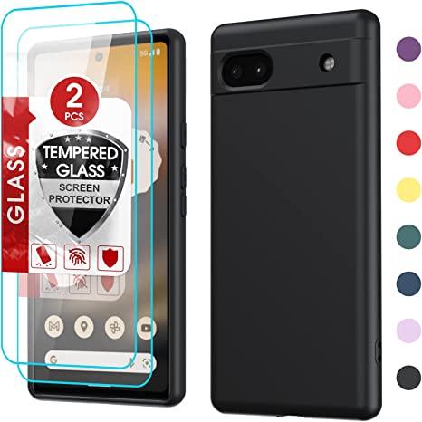 LeYi Google Pixel 6A Case, Case for Google Pixel 6A [6.1"] with 2 Pack Tempered Glass Screen Protector, Liquid Silicone Soft Microfiber Liner Cover Cases for Pixel 6A, Black